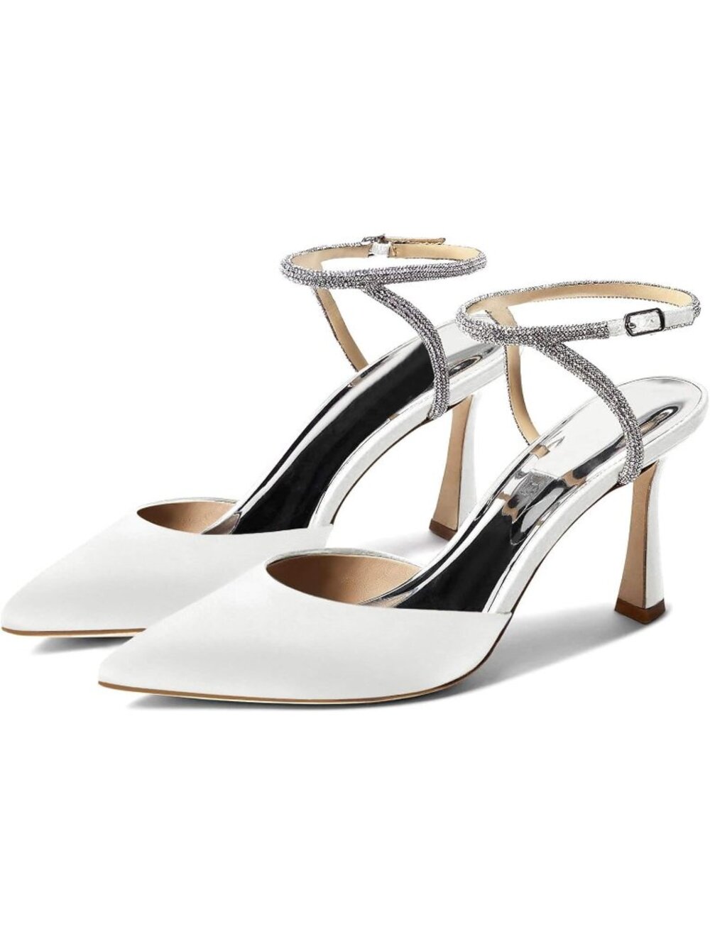 Women's White Rhinestone Heels Kitten High Satin Pumps Pointed Toe Sparkly Shoes
